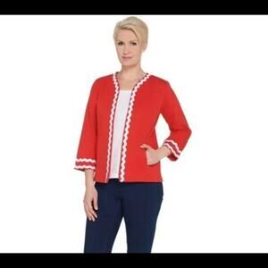 Bob Mackie Rick Rack Knit Jacket Red Medium Pockets